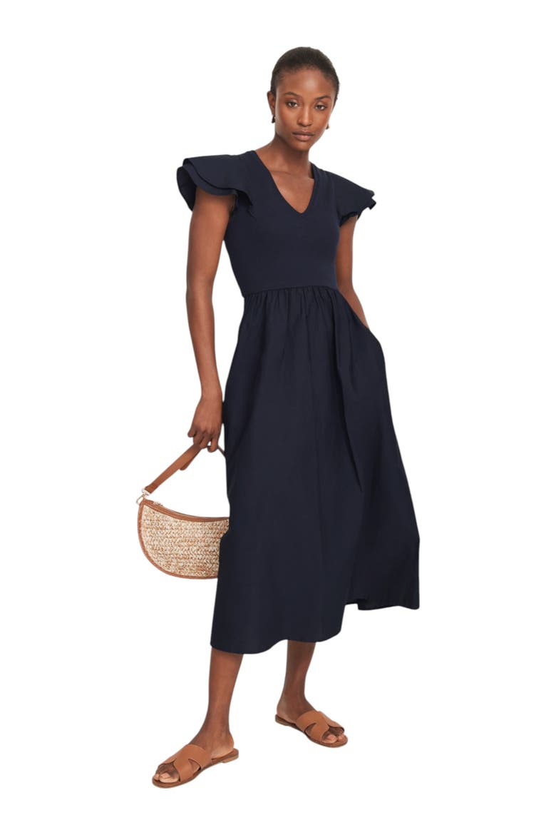 Puff Sleeve Jersey Midi Dress, Main, color, Navy