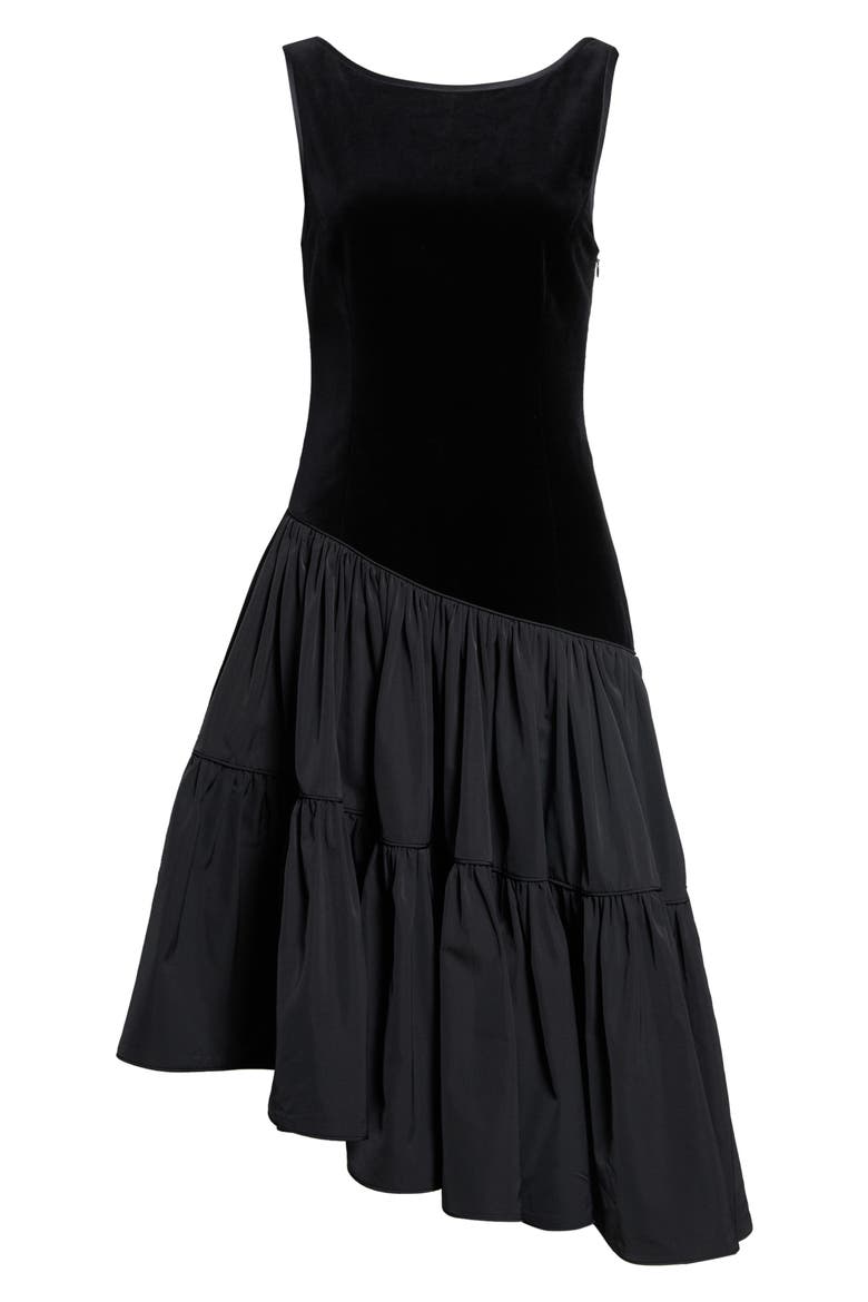Dean Velvet & Silk Blend Taffeta Asymmetric Midi Dress, Alternate, color, BLACK
