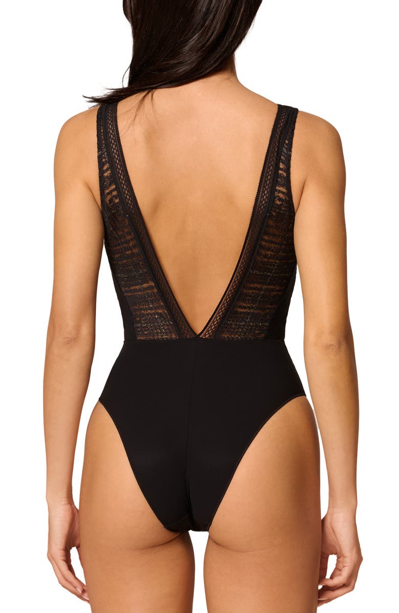 Simone Perele Plunge Lace Trim Bodysuit, Alternate, color, Black