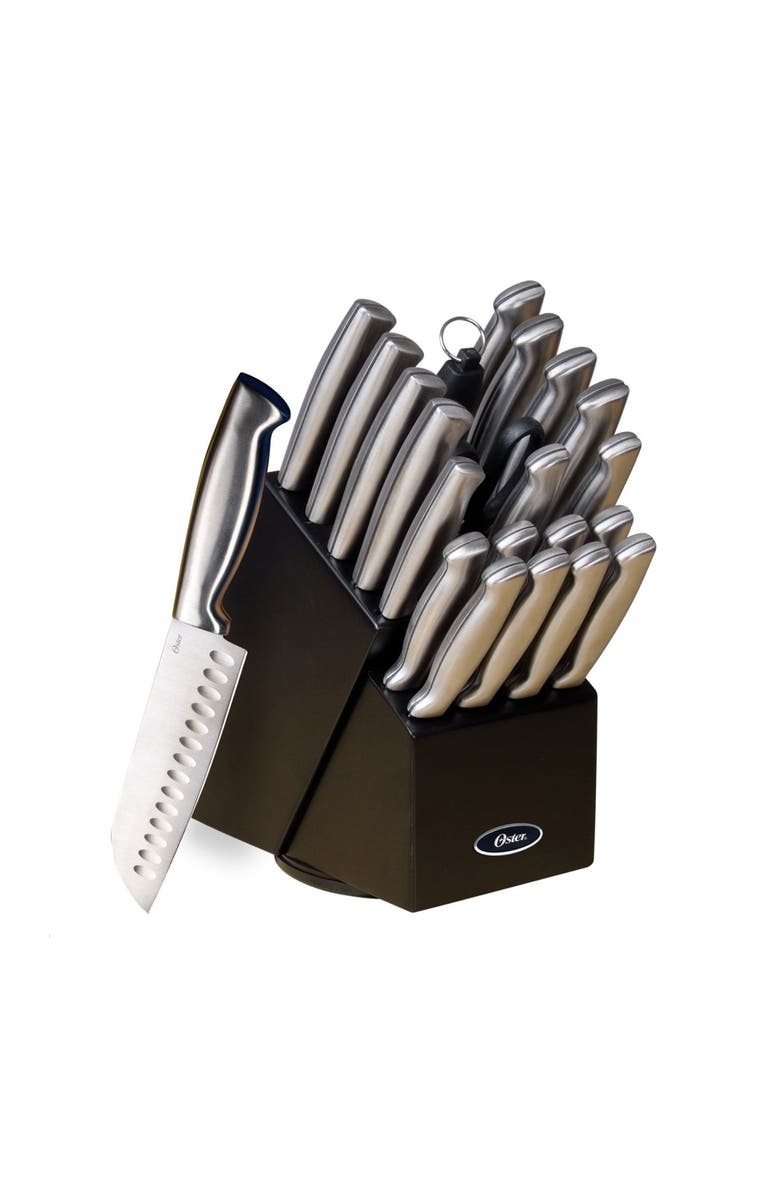 OSTER Baldwyn 22 Piece Stainless Steel Cutlery Set with Stainless Steel Handles and Wooden Block, Main, color, Silver