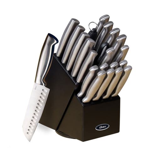 Oster Baldwyn 22 Piece Stainless Steel Cutlery Set With Stainless Steel Handles And Wooden Block In Silver