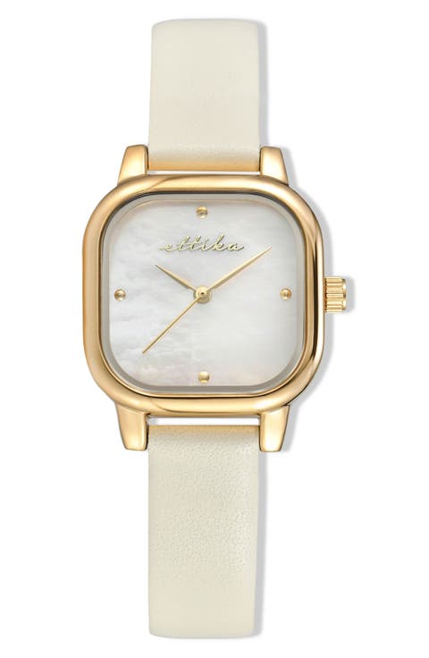Classic Square Mother-of-Pearl Leather Strap Watch