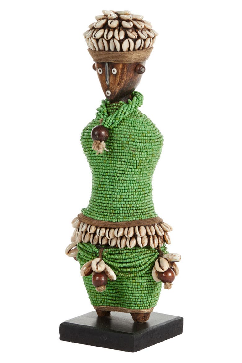 Small Handcrafted Cowrie Shell & Green Bead Woman Doll, Alternate, color, GREEN