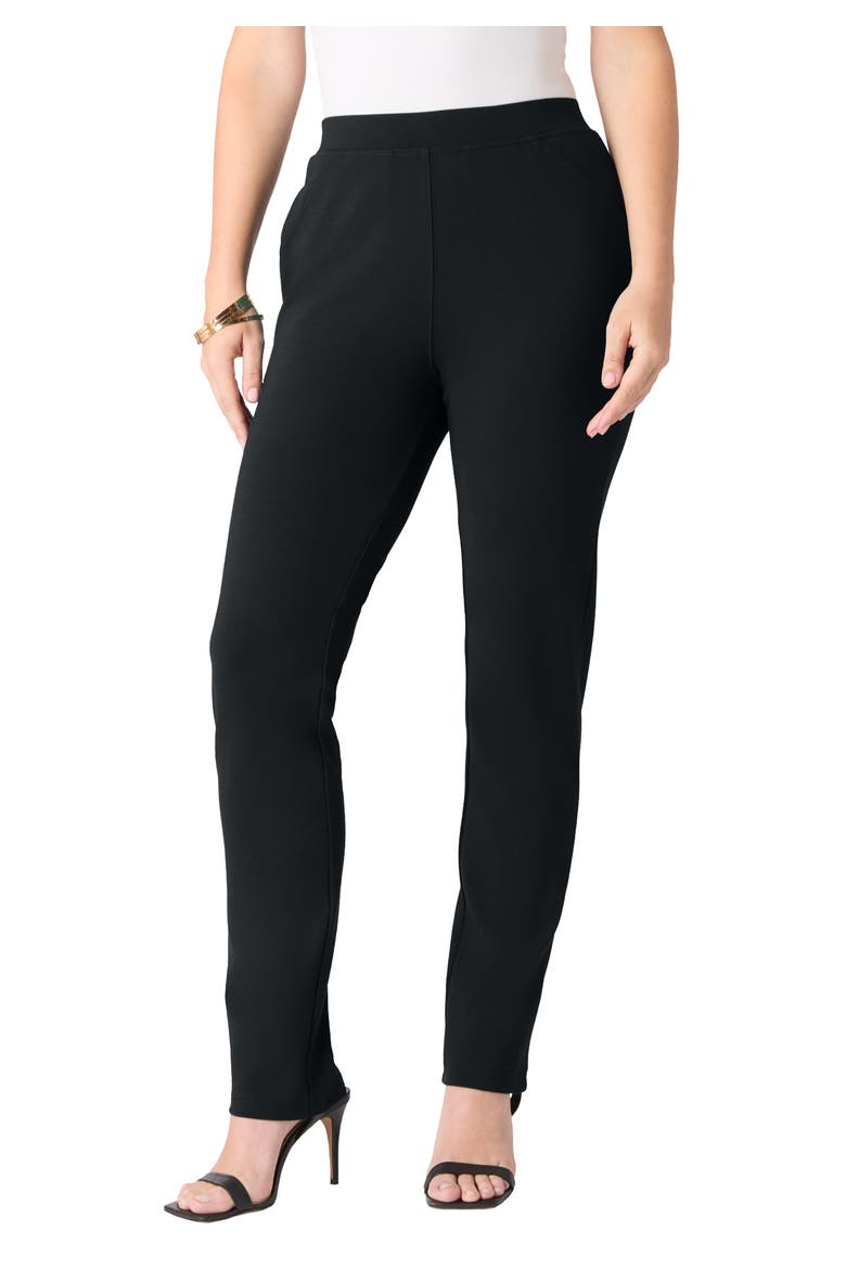 Plus Size Ponte Straight Leg Pant With Pockets And Pull On Elastic Waist, Main, color, BLACK