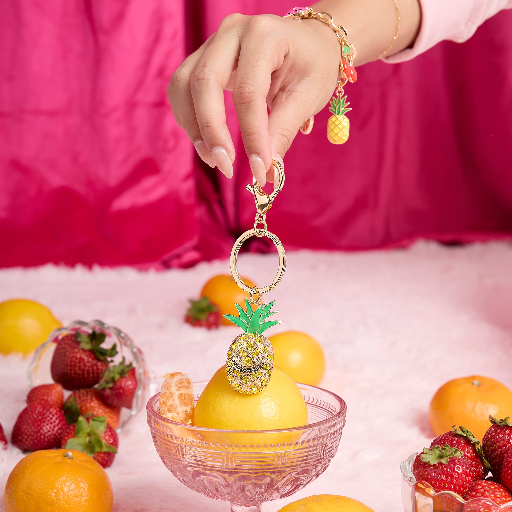 Juicy Couture Crystal Pineapple Keychain, Gold-Tone with Green Enamel Leaves, Alternate, color, Multicolor