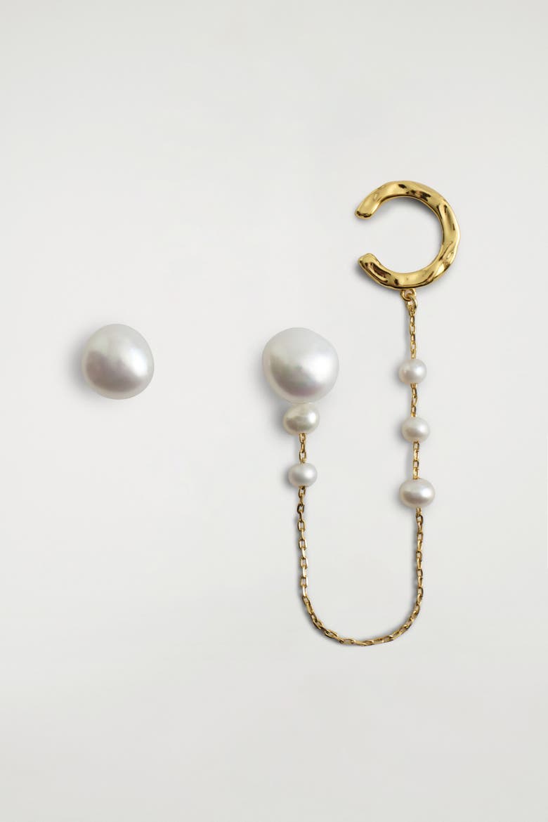 Asymmetric Freshwater Pearl Chain Cuff Earrings, Main, color, GOLD