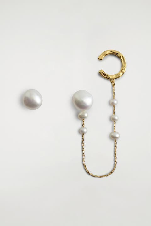 Asymmetric Freshwater Pearl Chain Cuff Earrings