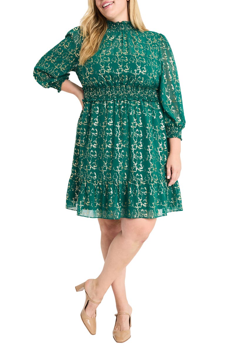 Maggy London Puff Sleeve Smocked Fit & Flare Dress, Alternate, color, Green/ Gold