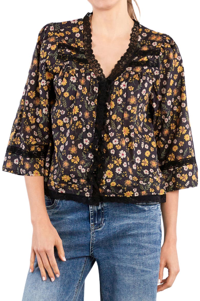 Fable Floral Lace Trim Cotton Blend Button-Up Shirt, Main, color, NIGHT FLORAL