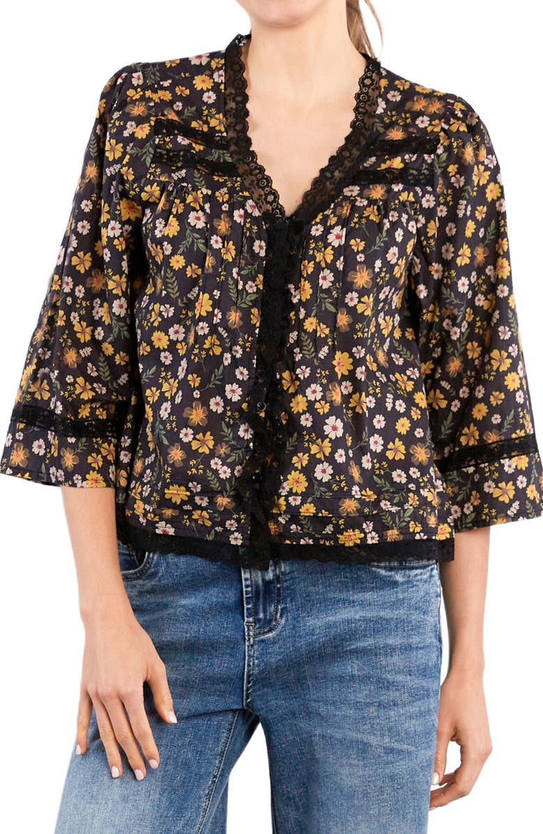 Billy T Fable Floral Lace Trim Cotton Blend Button-Up Shirt, Main, color, Night Floral