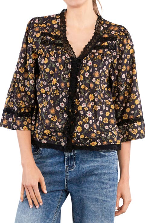 Fable Floral Lace Trim Cotton Blend Button-Up Shirt