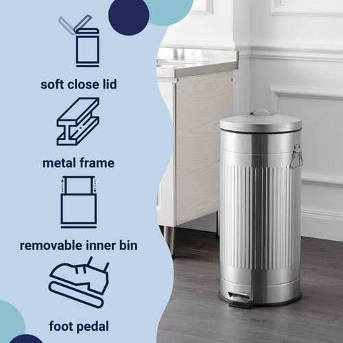 Happimess Theo Retro 8-gallon Step Trash Can With Soft-close Lid And Mini Trash Can In Silver