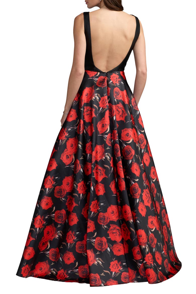 Petite Floral Printed Mikado Open Back Sleeveless Gown, Alternate, color, Red Rose