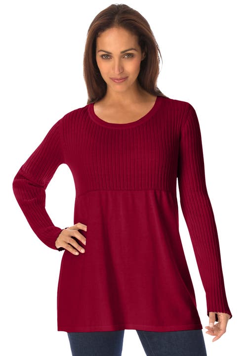 Jessica London Ribbed Baby Doll Tunic Sweater In Burgundy