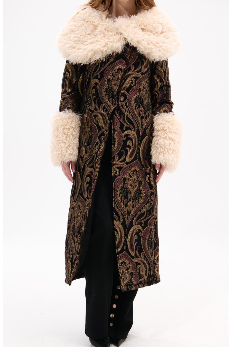 Otelia Jacquard Coat with Faux Fur Trim, Main, color, BLACK MULTI