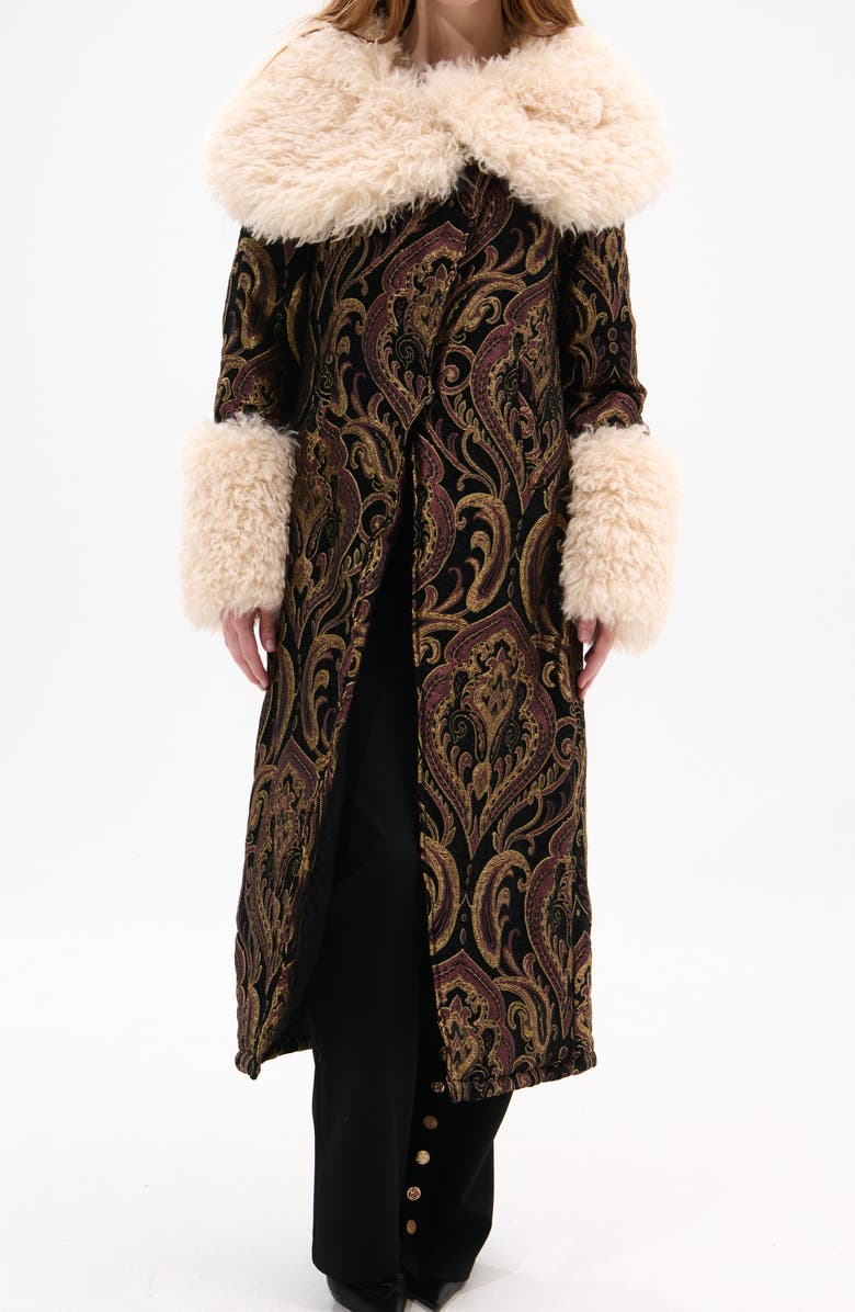 AZALEA WANG Otelia Jacquard Coat with Faux Fur Trim, Main, color, Black Multi