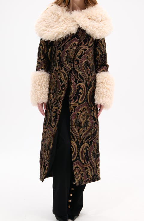 Otelia Jacquard Coat with Faux Fur Trim