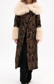 AZALEA WANG Otelia Jacquard Coat with Faux Fur Trim