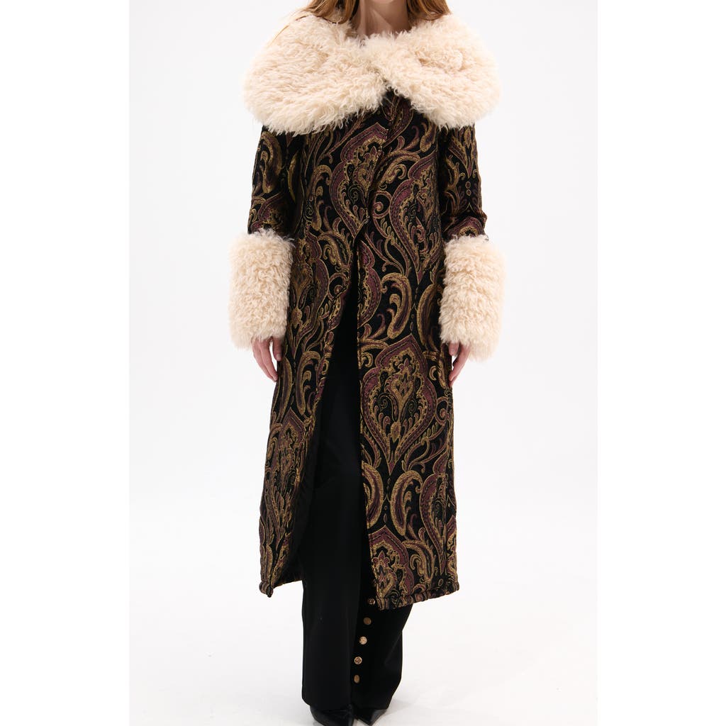 Azalea Wang Otelia Jacquard Coat With Faux Fur Trim In Brown