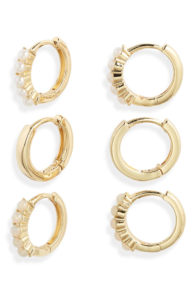 Gift Boxed Set of 3 Demi Fine Huggie Hoop Earrings, Alternate, color, WHITE- CLEAR- GOLD