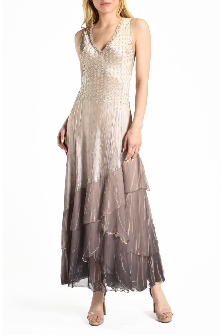 Tiered Ruffle Chiffon & Charmeuse Gown with Scarf, Alternate, color, BEACH CAFE OMBRE