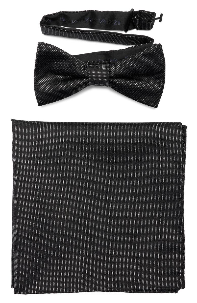 NORDSTROM RACK Satin Bow Tie & Pocket Square Set, Main, color, Silver/Black