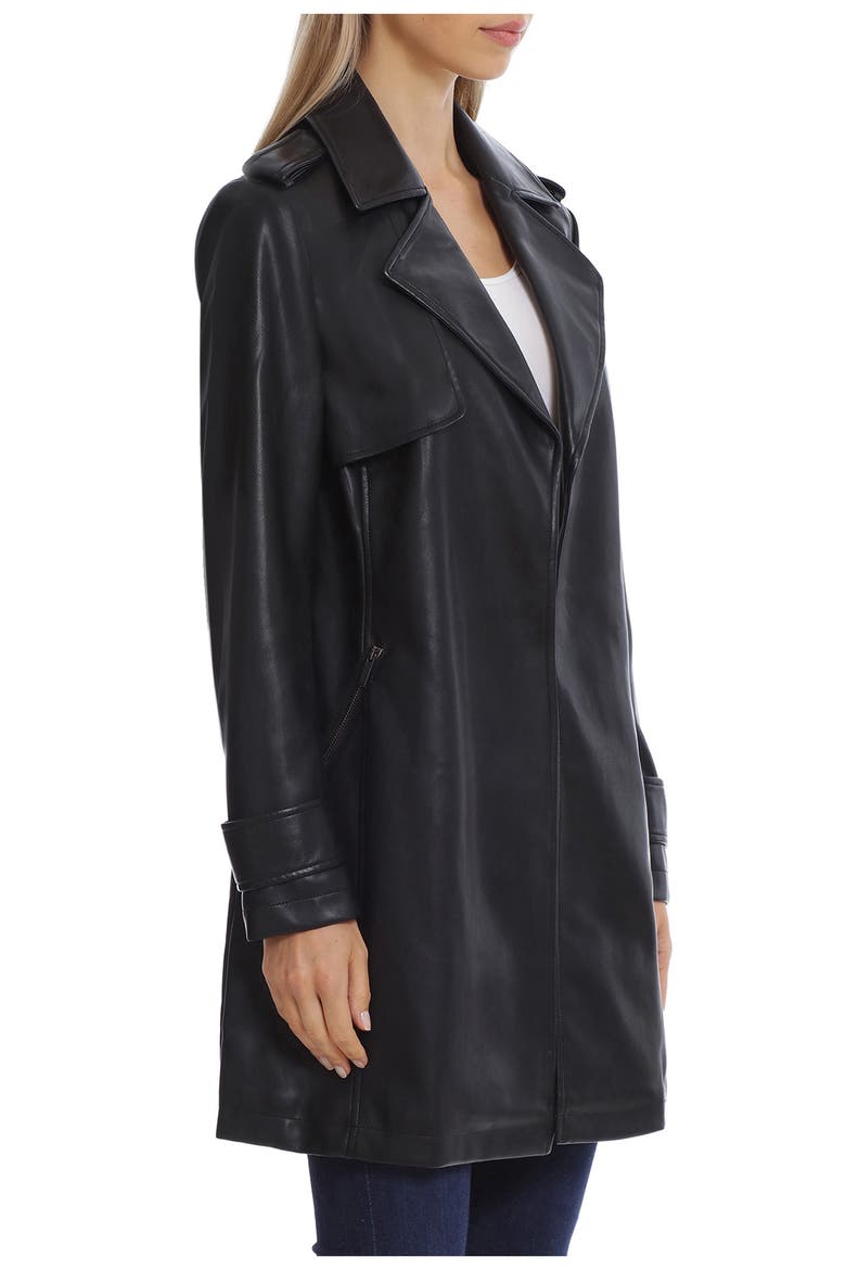 Open Front Faux Leather Trench Coat, Alternate, color, BLACK