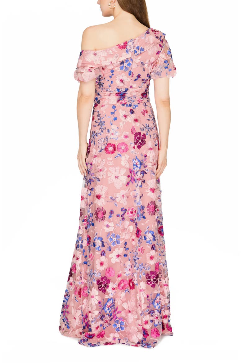 Marigold Embroidered One-Shoulder Puff Sleeve Gown, Alternate, color, ROSE MULTI