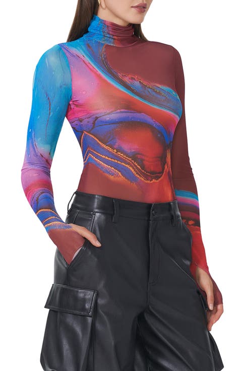 Zadie Print Mesh Turtleneck Top
