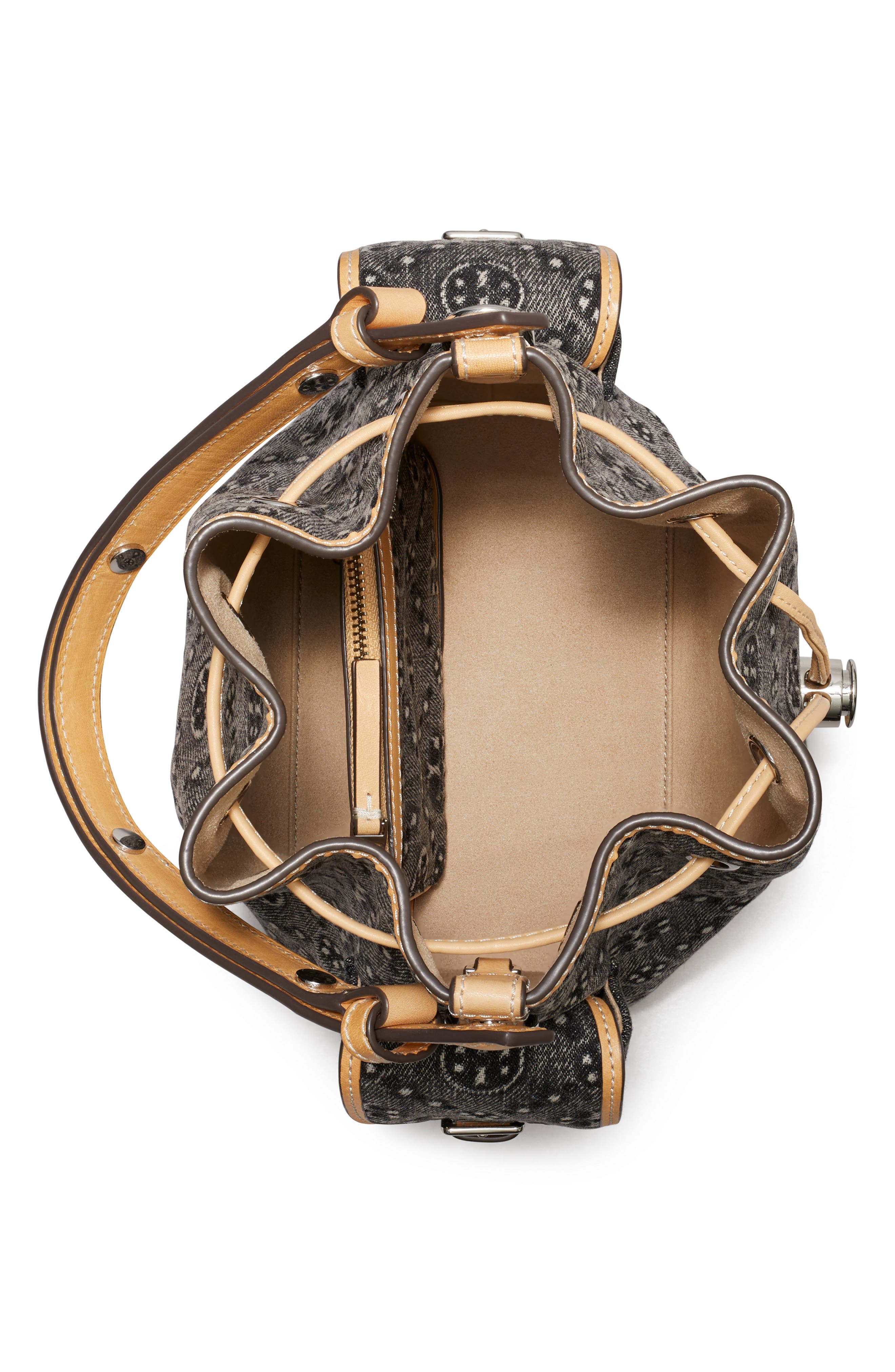 Tory Burch T Monogram Denim Bucket Bag, Alternate, color, Black