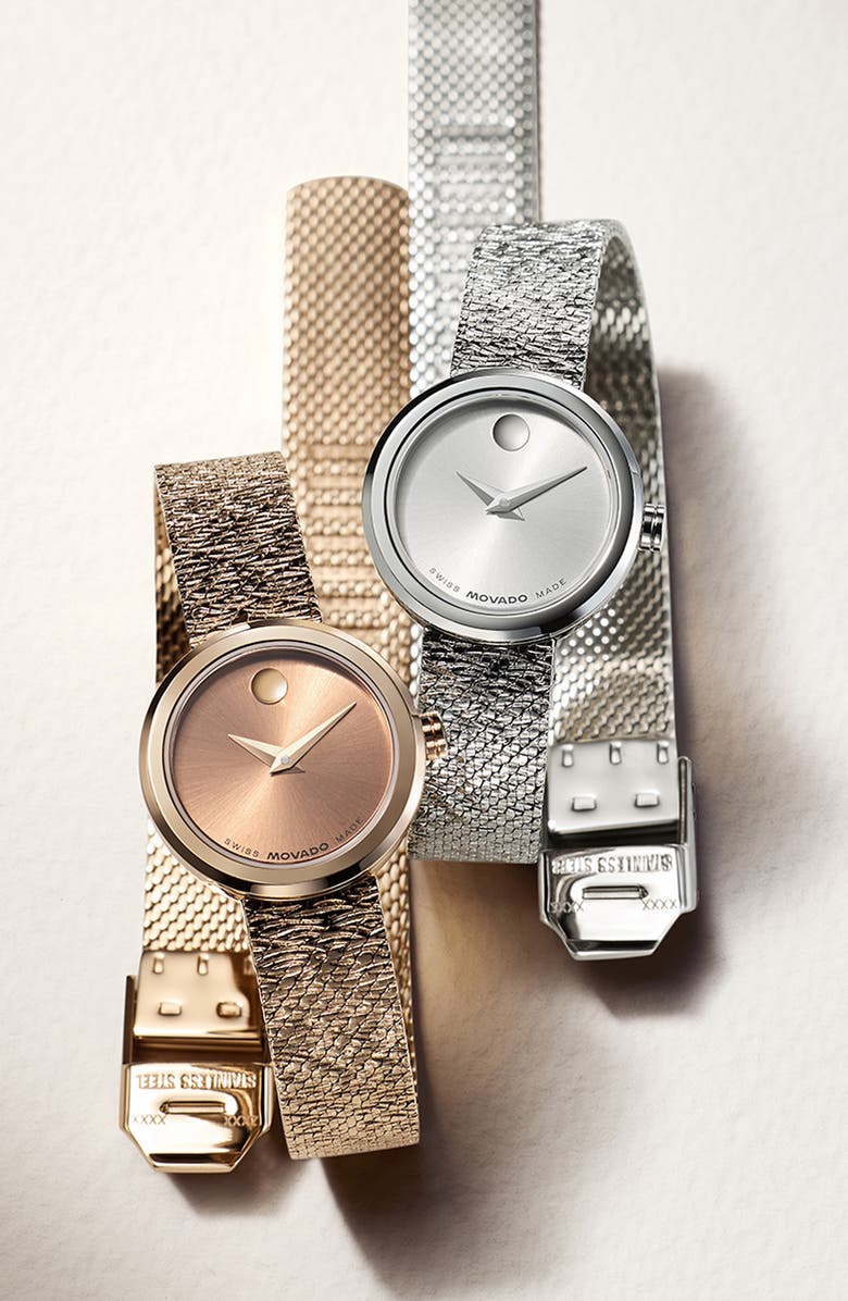 Movado Mini Museum Velura Mesh Strap Watch, 21mm, Alternate, color, Silver