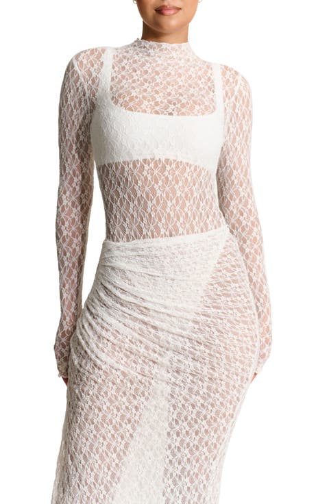 Mock Neck Long Sleeve Lace Bodysuit