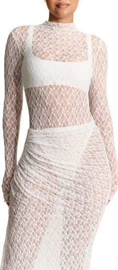 Naked Wardrobe Mock Neck Long Sleeve Lace Bodysuit | Nordstrom