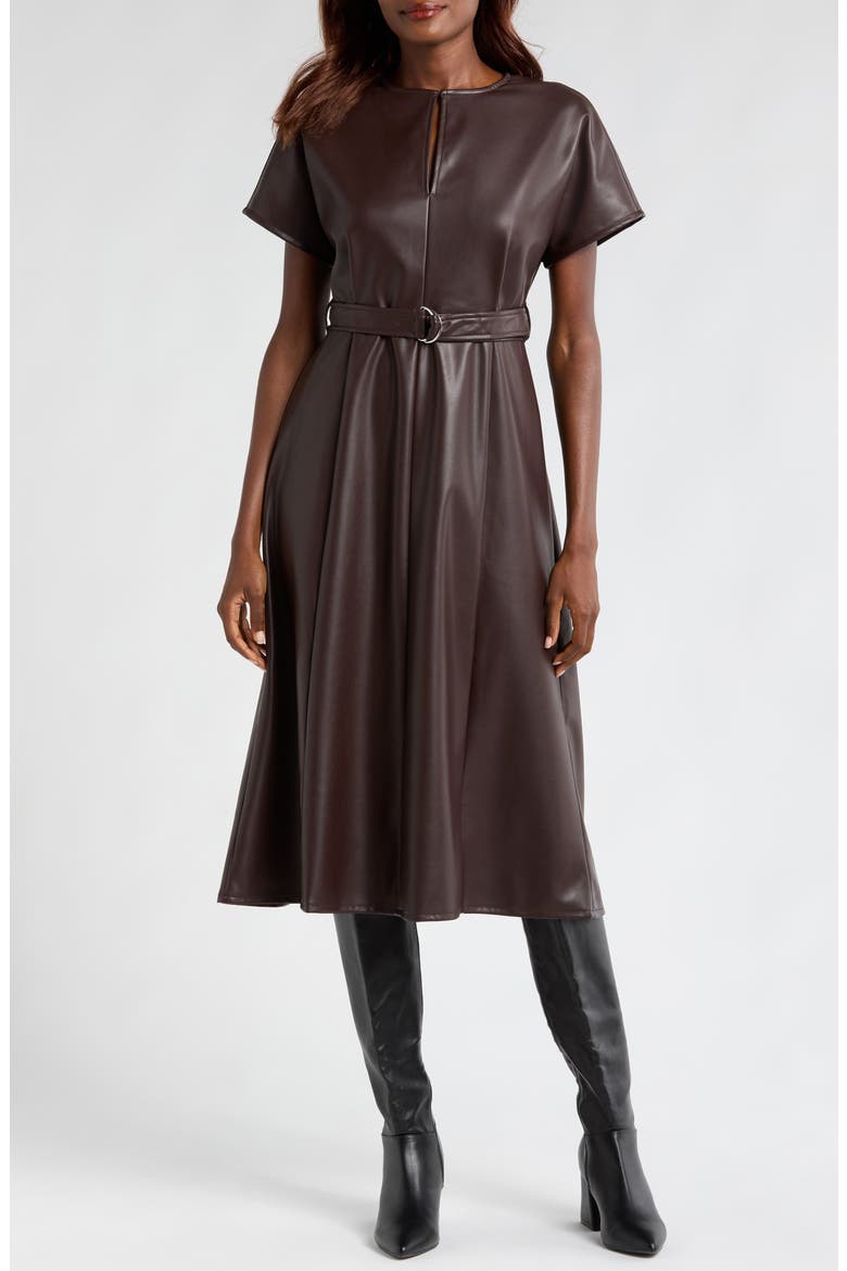 Faux Leather Midi Dress, Main, color, COFFEE BEIGE