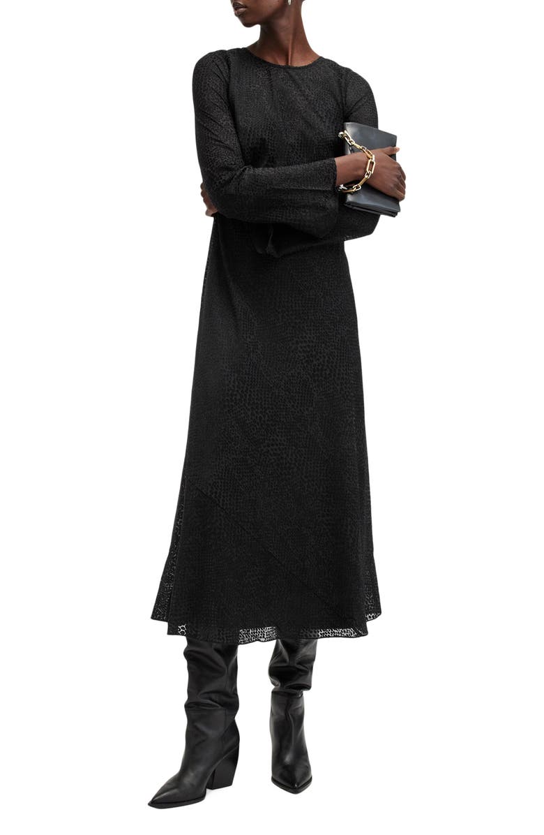 AllSaints Jada Animal Print Long Sleeve Silk Midi Dress, Alternate, color, Black