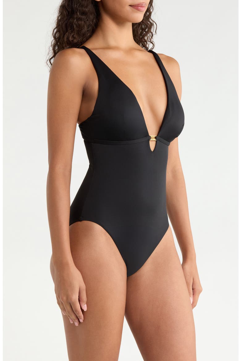 Plunge Neck One-Piece Swimsuit, Alternate, color, BLACK