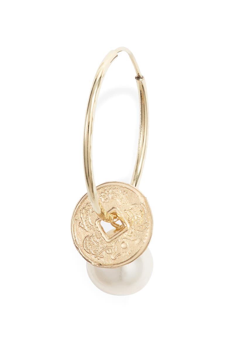 Coin & Pearl Endless Hoop Earrings, Main, color, YELLOW GOLD/ PEARL