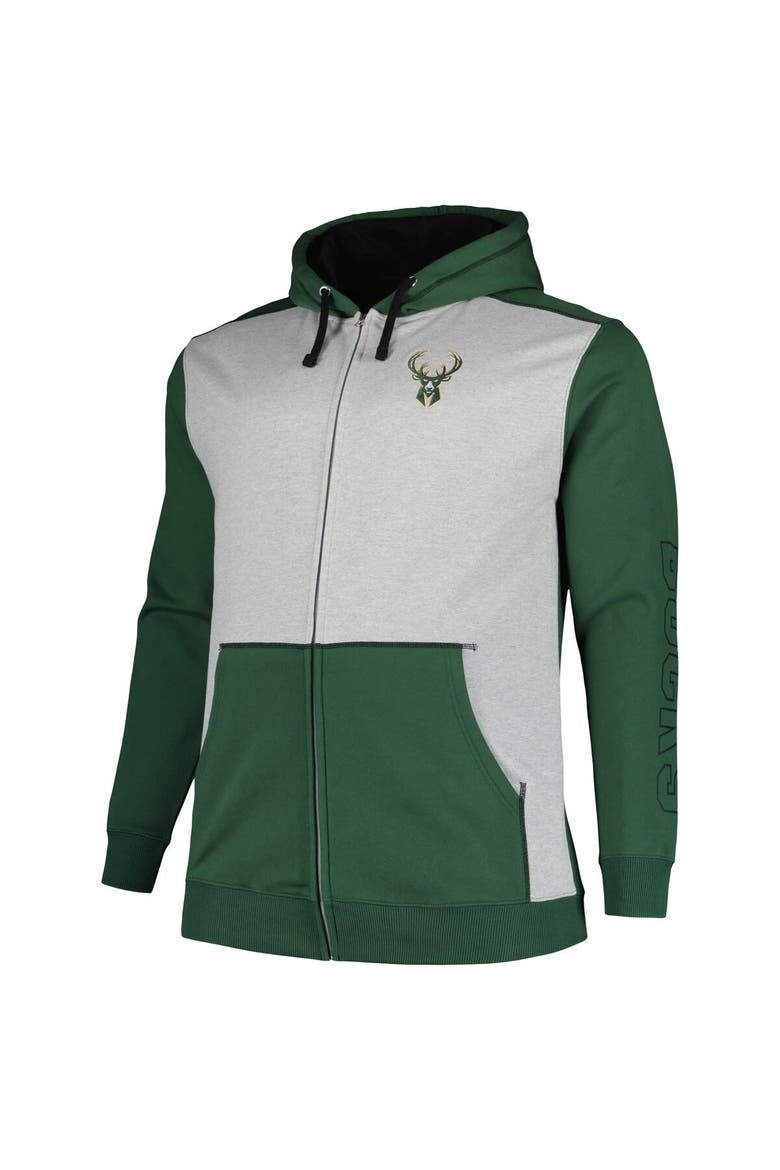 Men's Fanatics Branded Hunter Green/Heather Gray Milwaukee Bucks Big & Tall Contrast Pieced Stitched Full-Zip Hoodie, Alternate, color, Hunter Green