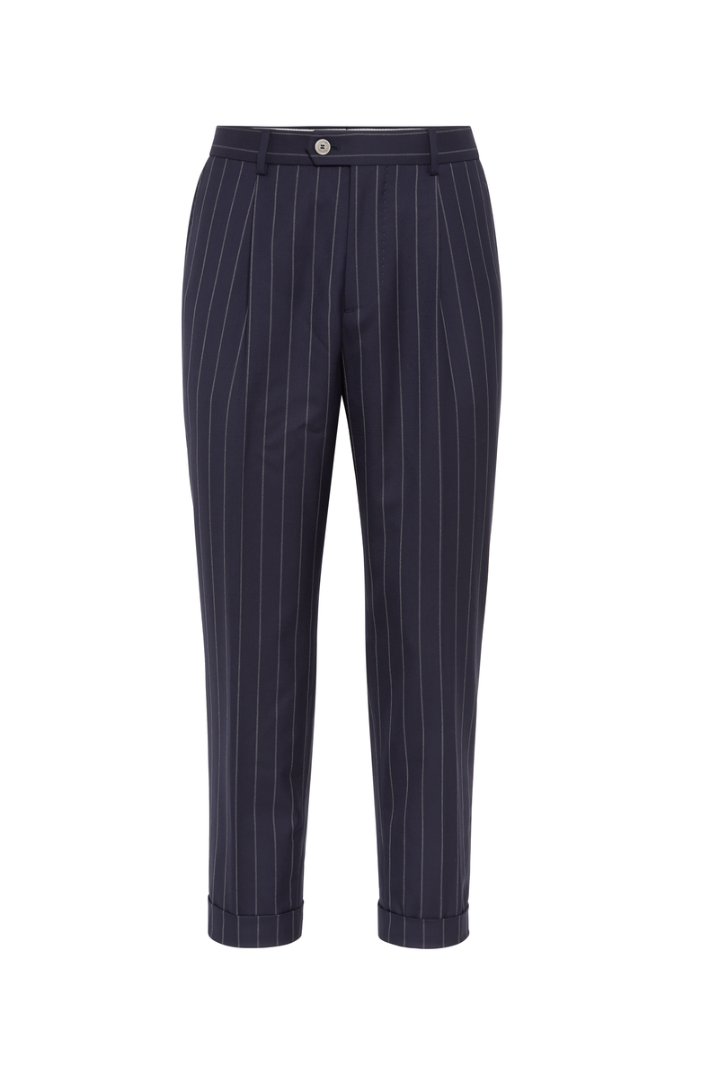 Brunello Cucinelli Leisure fit trousers in super 150s virgin wool wide chalk stripe batavia with pleat, Main, color, 
