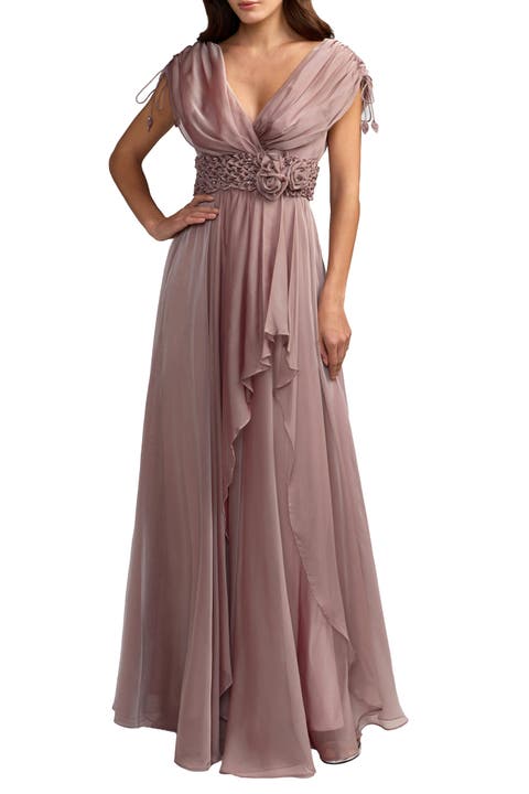 Beaded Chiffon Drapped Sleeves V Neck Gown