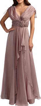 Mac Duggal Beaded Chiffon Drapped Sleeves V Neck Gown