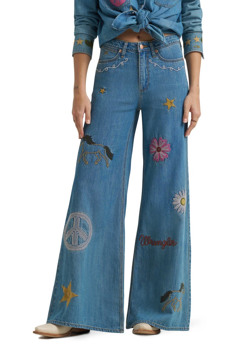 x Lainey Wilson Embroidered Cheeky Wide Leg Jeans, Main, color, DENIM
