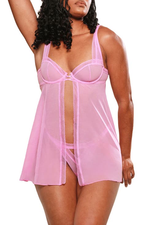 Cutout Lace Trim Mesh Babydoll Chemise (Regular & Plus)