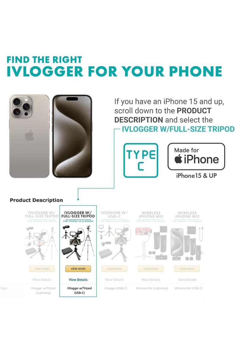 iVlogger Vlogging Kit for iPhone with Fullsize Tripod, Alternate, color, Black