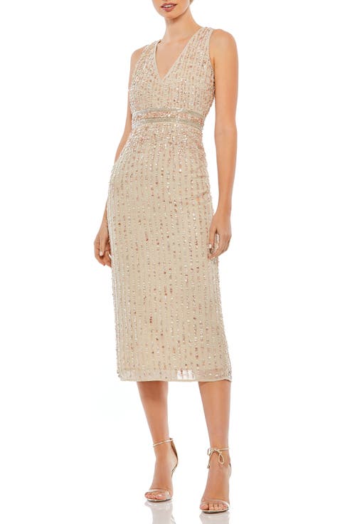 Sequined Sleeveless V-Neck Midi Sheath Dress