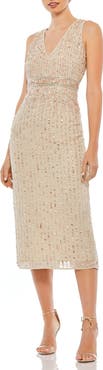 Mac Duggal Sequined Sleeveless V-Neck Midi Sheath Dress