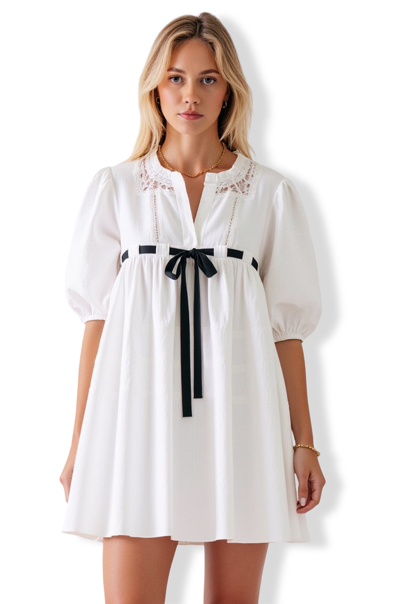 Modenaire Mini Babydoll Dress with Lace Collar, Puff Sleeves and Ribbon Bow Tie, Alternate, color,