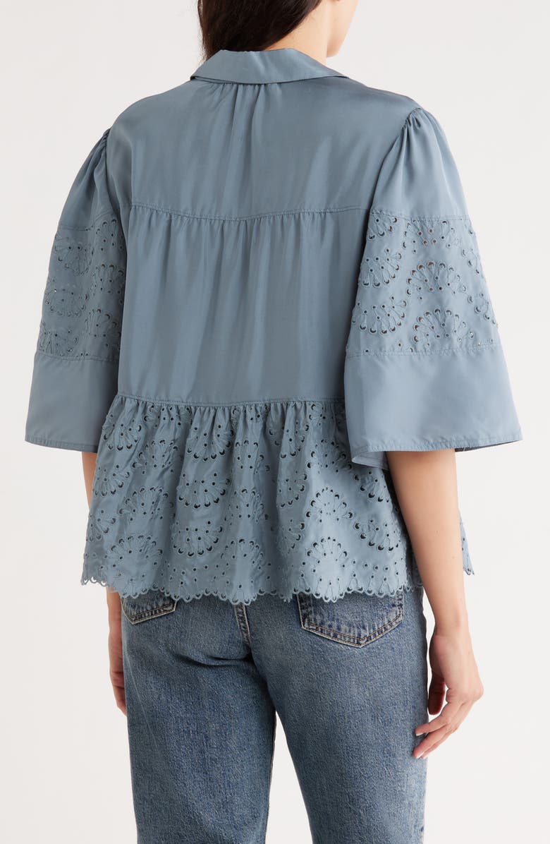 Rebecca Taylor Tie Keyhole Embroidered Eyelet Silk Peplum Top, Alternate, color, Smokey Blue