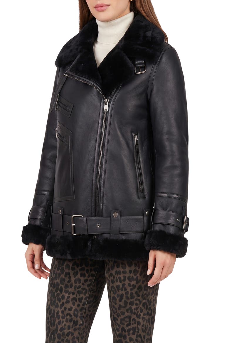 Genuine Shearling  Moto Zip Jacket, Alternate, color, BLACK
