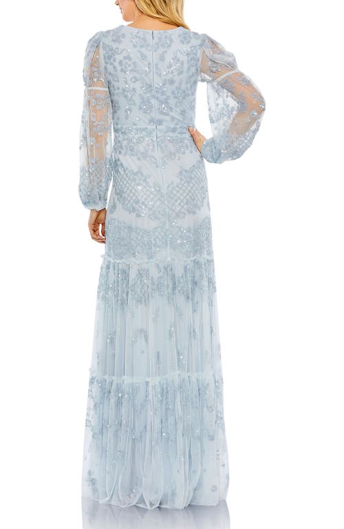 Mac Duggal Sequined Tiered Wrap Over Puff Sleeve Gown In Sky Blue